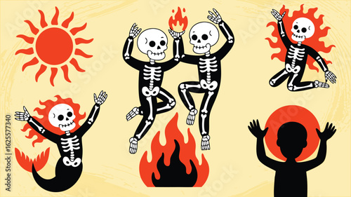 Dancing Skeletons, Fire, Sun, and Silhouetted Figure Playful and Illustration Art