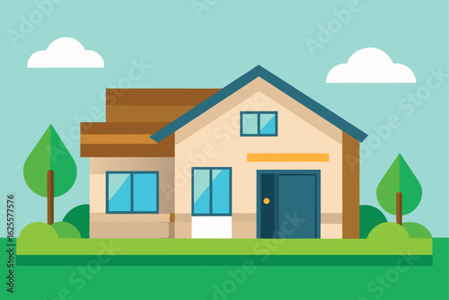 minimal modern suburban house with green lawn fron.eps