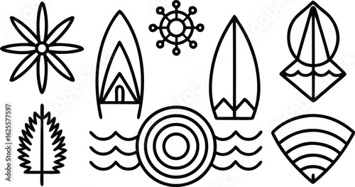 Vector cartoon surfer rides a vintage surfboard on a rocket wave through the sea