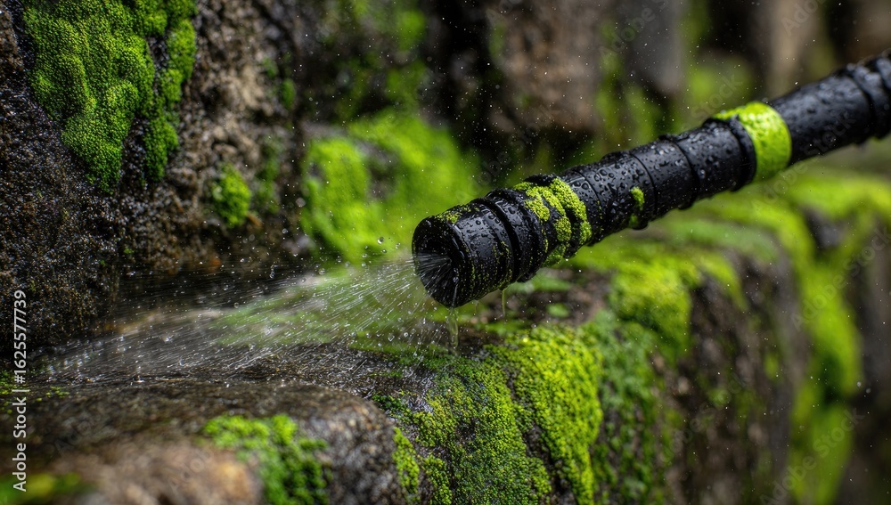 Fototapeta premium Water hose spraying moss-covered stone wall
