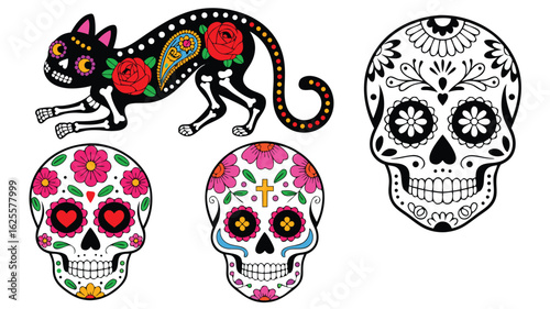 Day of the Dead Sugar Skulls and Cat with Skeleton Details Illustration