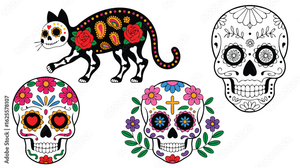 Obraz premium Dia de los Muertos Black Cat with Sugar Skulls Featuring Colorful Flowers Design