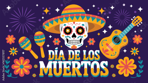 Día de los Muertos Celebration Colorful Skull, Sombrero, Maracas, Guitar, and Floral Design on Purple