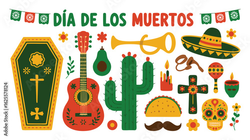 Día de los Muertos Celebration Icons Guitar, Skull, Coffin, Cactus, Sombrero and Festive Decorations