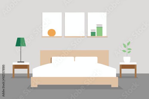 minimalist white bedroom with wooden accents  .eps