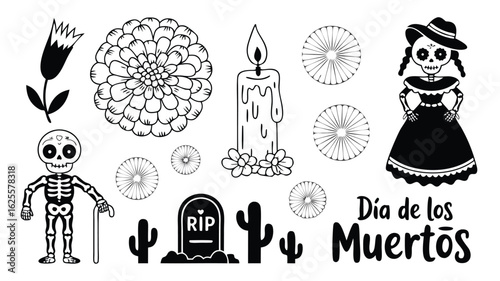 Día de los Muertos Outline Illustration with Skeletons, Flowers, Candle, Tombstone, Cactuses, and Paper Decorations