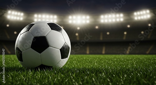 A soccer ball rests on a green field under bright stadium lights, ready for play.