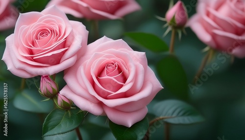 blooming pink roses with green leaves