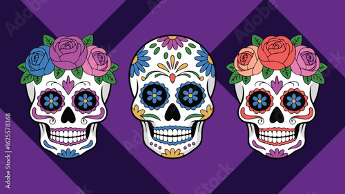 Dia de los Muertos Skulls with Floral Accents and Purple Geometric Background Design