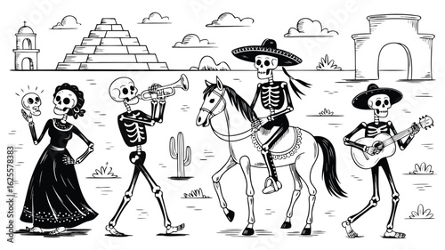 Dia de los Muertos Skeletons Woman, Trumpeter, Horse Rider, Guitarist, Mexican Landscape Illustration