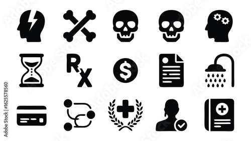 Diverse Icon Set Featuring Medical, Financial, Temporal, and Symbolic Representations in Black Silhouette Style