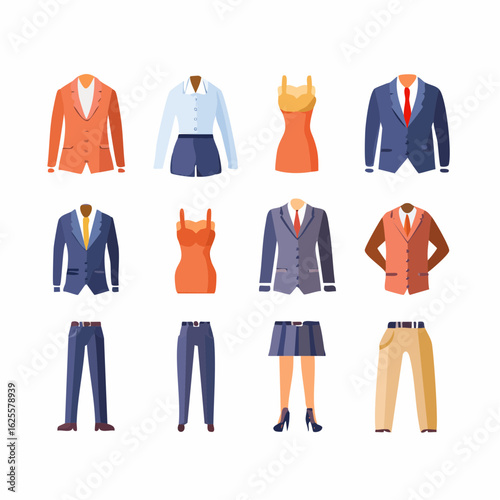 Flat icon set of various clothing items for men and women. Collection of business and casual apparel like suits, dresses, and pants.