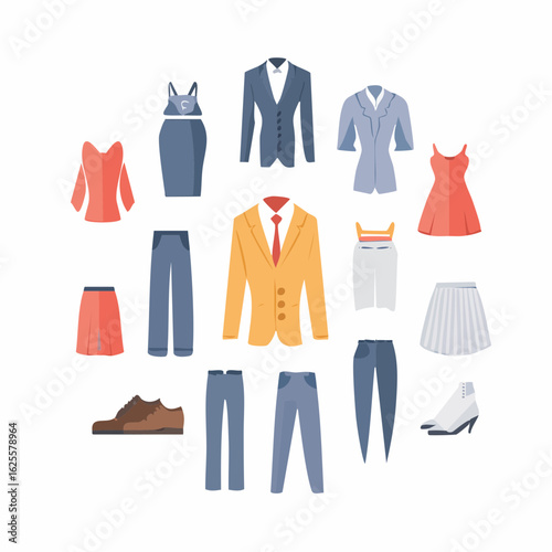 Simple silhouette clothing items for men and women. A flat icon set featuring suits, dresses, trousers, and shoes for a wardrobe collection.