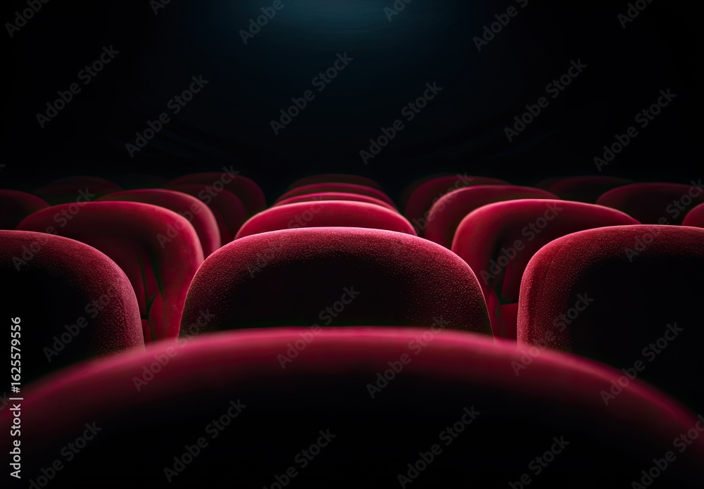 Fototapeta premium Red velvet theater seats, dark auditorium
