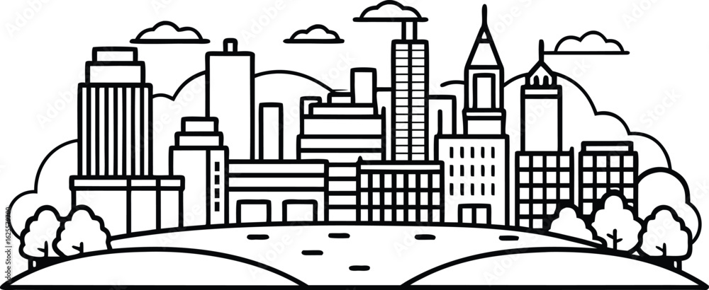 Fototapeta premium Black vector silhouette of an urban city skyline with industrial buildings, skyscrapers, and towers, illustrating modern business and construction architecture