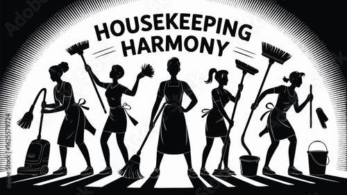 Housekeeping Harmony Silhouettes of Cleaning Ladies with Vacuum, Brooms, Dusters, and Buckets Illustration