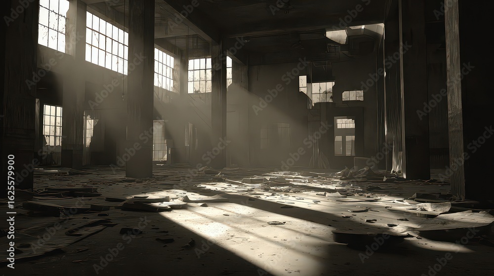 Fototapeta premium Abandoned Warehouse Interior With Sunlight Beams