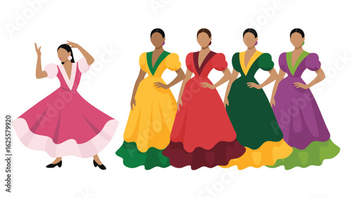 Illustrated Women in Traditional Dresses, One Dancing, in Vibrant Colors with White Background