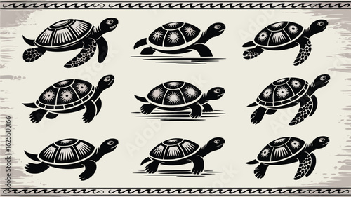 Nine Black and White Sea Turtle Illustrations with Unique Shell Designs and Water Details