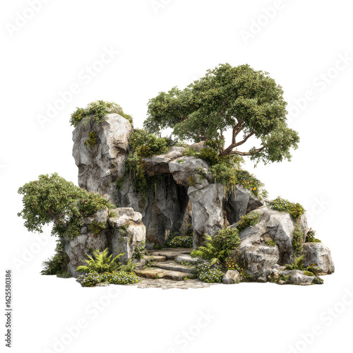 A miniature landscape of rocks, trees, and a cave