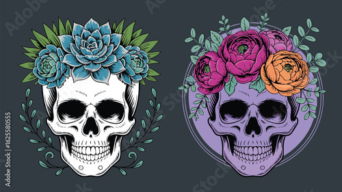 Skull Floral Crown Duo Blue Succulents and Pink Ranunculus Illustrations on Dark Background