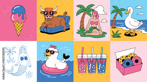 Summer Vacation Themed Illustrations Bull on Floatie, Mermaid, Beach Girl, Donuts, Duck, Ice Cream