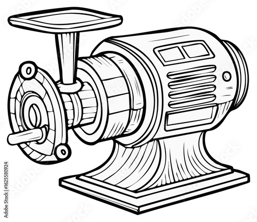 Vintage meat grinder outline illustration retro kitchen appliance food preparation machine black and white sketch
