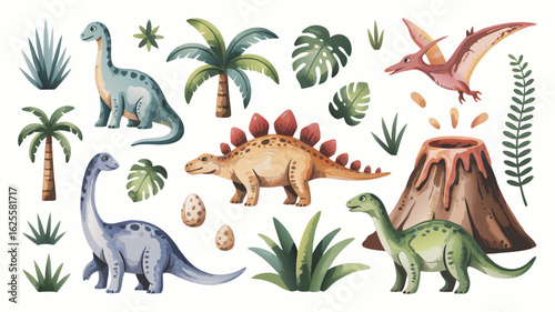 Watercolor Dinosaurs with Volcano, Ferns, Palm Trees, and Decorative Plants on a White Background