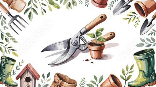 Watercolor Gardening Illustration Pruning Shears, Seedling, and Tools Arranged with Leaves for a Springtime Theme