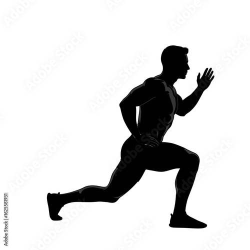Silhouette of a muscular man in profile performing a forward lunge exercise on a white background.