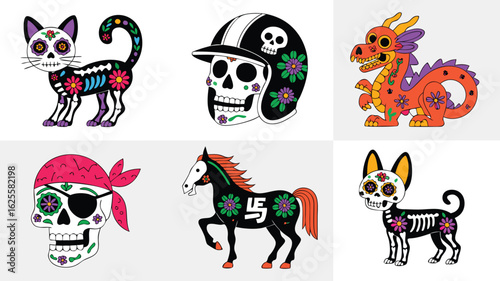 Whimsical Día de Muertos Illustrations Sugar Skull Cat, Dragon, Horse, Dog, and Pirate
