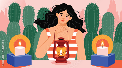 Woman Holding Lantern with Candles and Cacti in Pink Desert Illustration Style