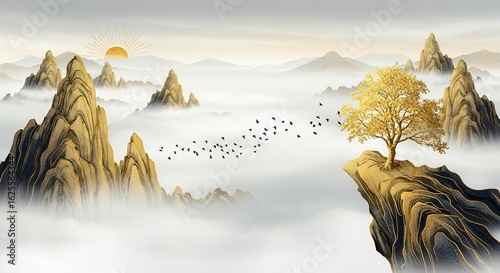 Serene Mountain Landscape with Golden Tree and Birds