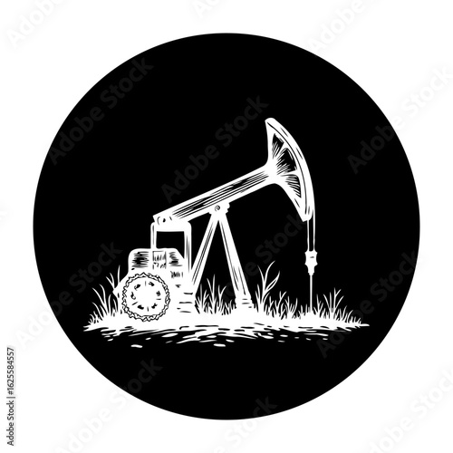 Illustration of oil pump jack in a black circle with detailed texture and shading drawing