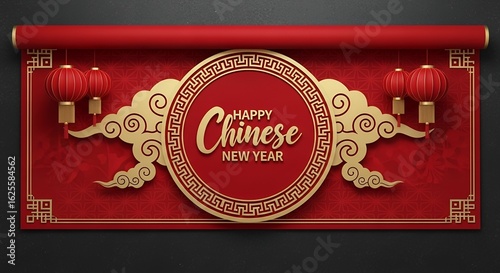 Festive Red and Gold Scroll Background with Hanging Lanterns