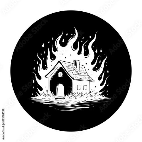 Conceptual illustration portraying a house engulfed in flames symbolizing disaster risk and insurance needs for homeowners protection