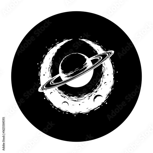Saturn graphic representation with lunar phase backdrop symbolizing the vast expanse of outer space exploration art