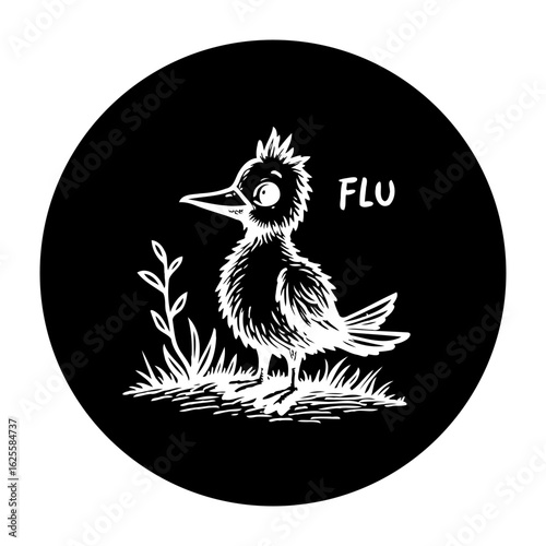 Whimsical bird illustration with "FLU" inscription on a black background evokes lighthearted artistic expression