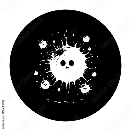 Whimsical virus cartoon illustration, in black and white creating a unique design with dark background