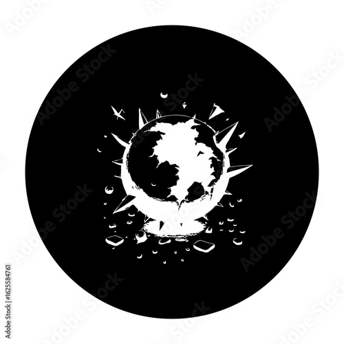 Gloomy earth under attack represented in a black and white drawing, a global problem that shows conflict