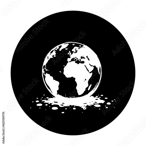 Conceptual earth representation in black and white depicting environmental damage or melting ice caps posing threats