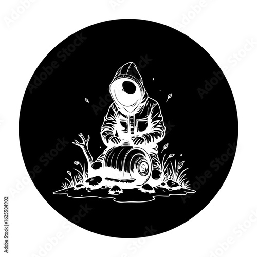 A monochromatic depiction showcases a figure in a hooded jacket interacting with an object in a setting against black