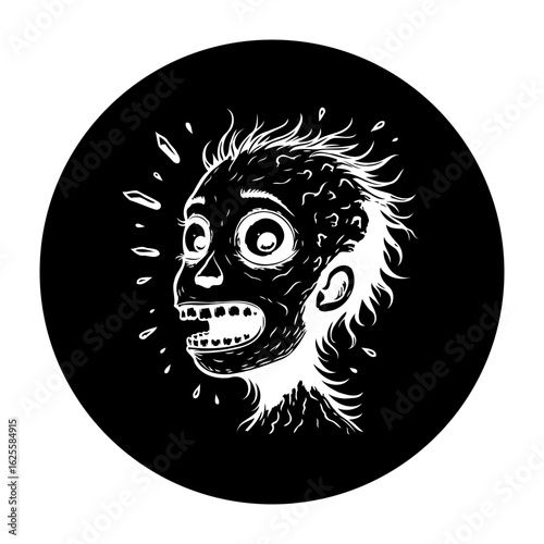 A digitally created black and white cartoon drawing depicts a terrified face with exaggerated features and distressed expression that is centered