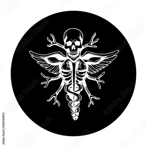 Intricate skull and bones winged symbol with snake design showcases mortality and the human condition and darkness