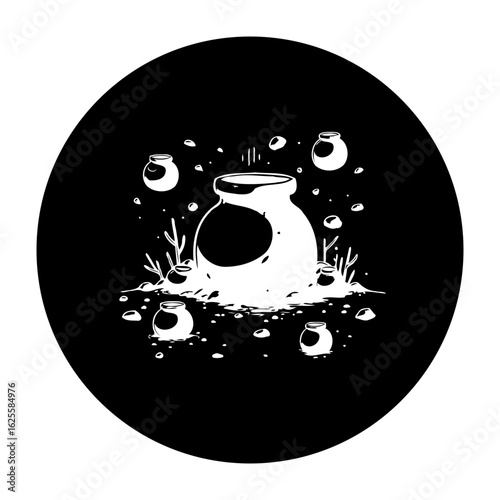 Spooky cauldron bubbling potion and surrounded by small potions black and white illustration graphic design