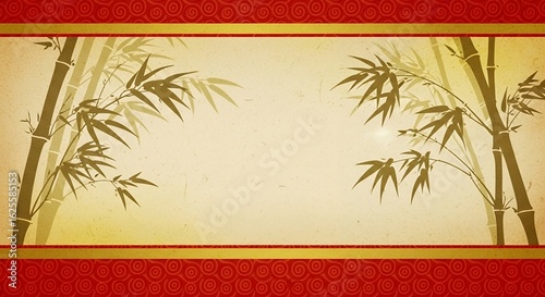 Bamboo Background on Traditional Paper with Red Swirl Pattern