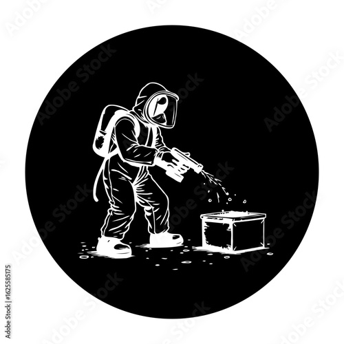 Illustration depicting worker in protective suit spraying disinfection solution on surface maintaining hygienic environment against infectious diseases prevention