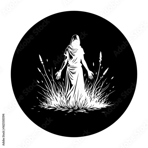 Mystical figure in a dark circle amidst the field, evoking spiritual aura and ancient times, a beautiful illustration
