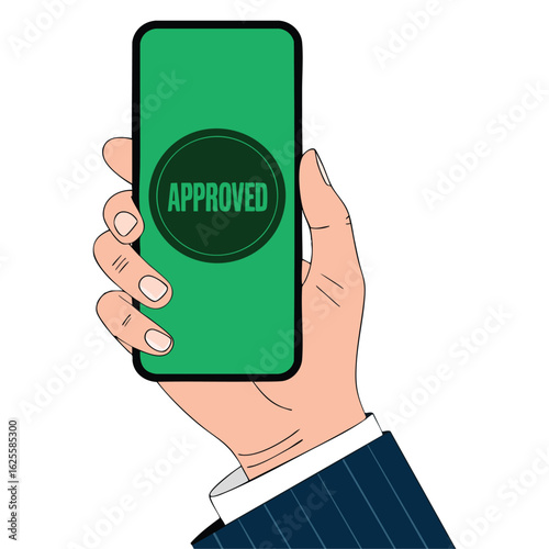 Mobile phone held in hand with green checkmark on screen, symbolizing success notification for app update or payment finish in flat vector style