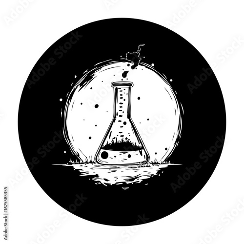 A black and white illustration of a science flask with liquid and bubbles on a backdrop art
